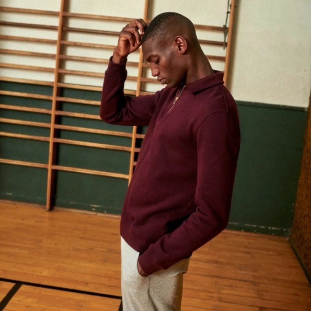 Octobre Editions Sezane Men’s Nichols Burgundy Exposed Quarter Zip Sweatshirt - Picture 4 of 11
